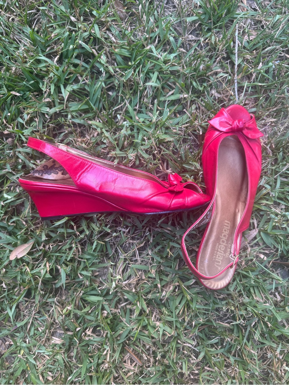 Vintage Leather Red Slingback Wedge Heels with Bow -